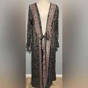 Paani Boho Paisley Kimono Duster Robe Tie Front Festival Beach Cover Up Medium